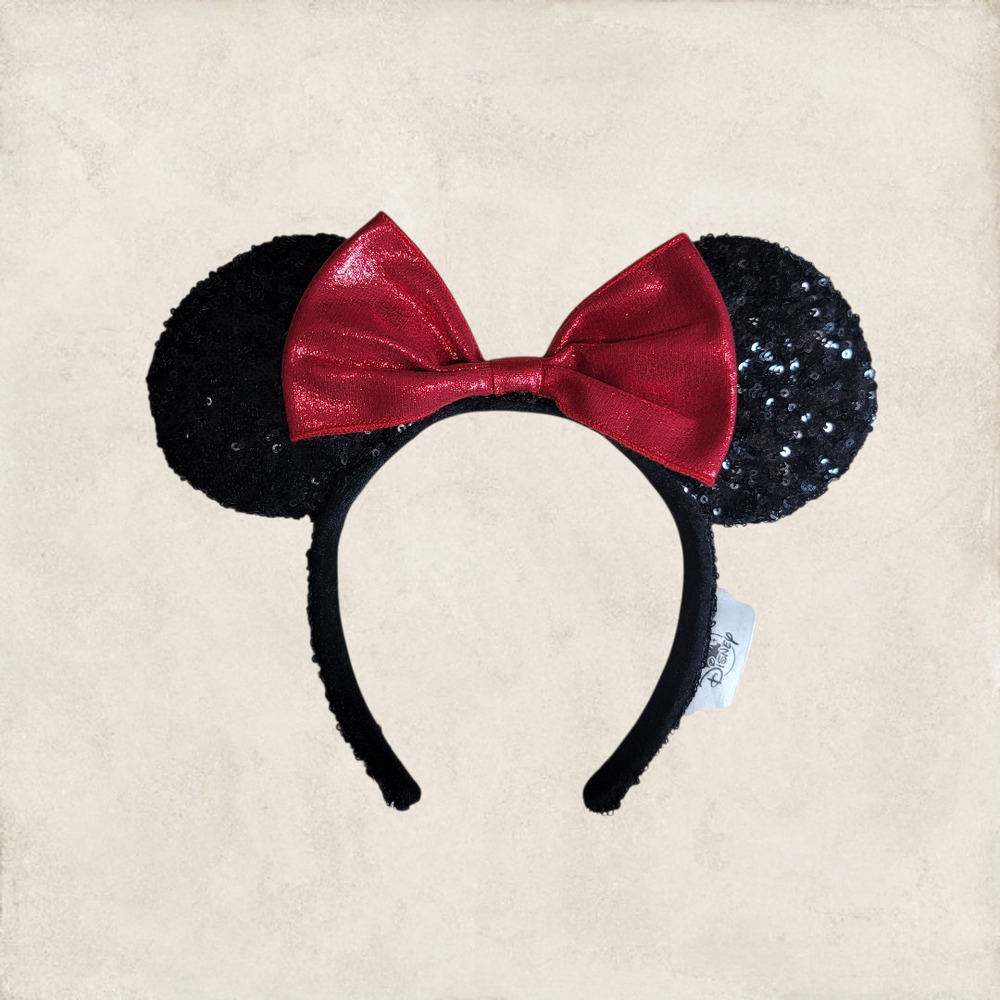 Disney Minnie Mouse Black Sequin Ears Vibrant Red Shimmer Satin Bow Headband